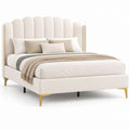 Lit double 160 x 200 cm beige en polyester avec tête de lit capitonnée et pieds dorés