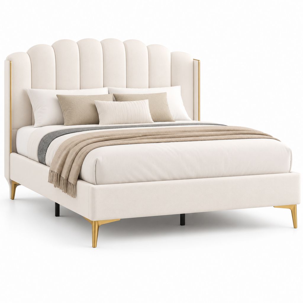 Lit double 160 x 200 cm beige en polyester avec tête de lit capitonnée et pieds dorés