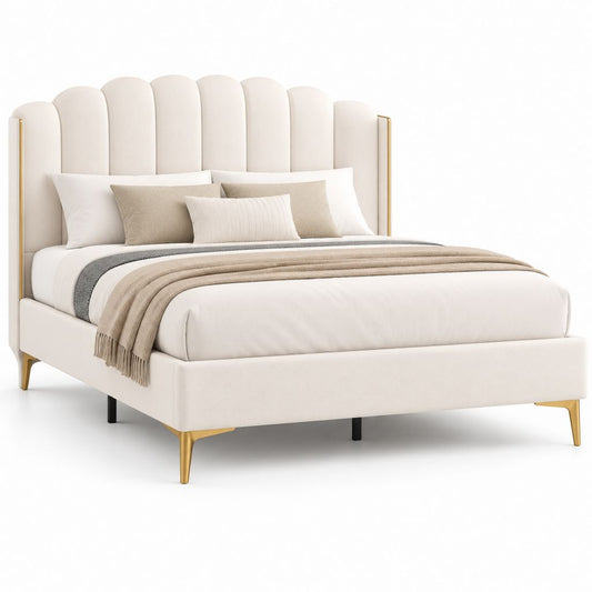 Lit double 160 x 200 cm beige en polyester avec tête de lit capitonnée et pieds dorés