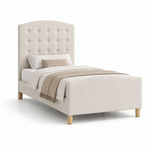 Lit simple capitonné beige en polyester avec cadre en panneaux de particules 90 x 190 cm