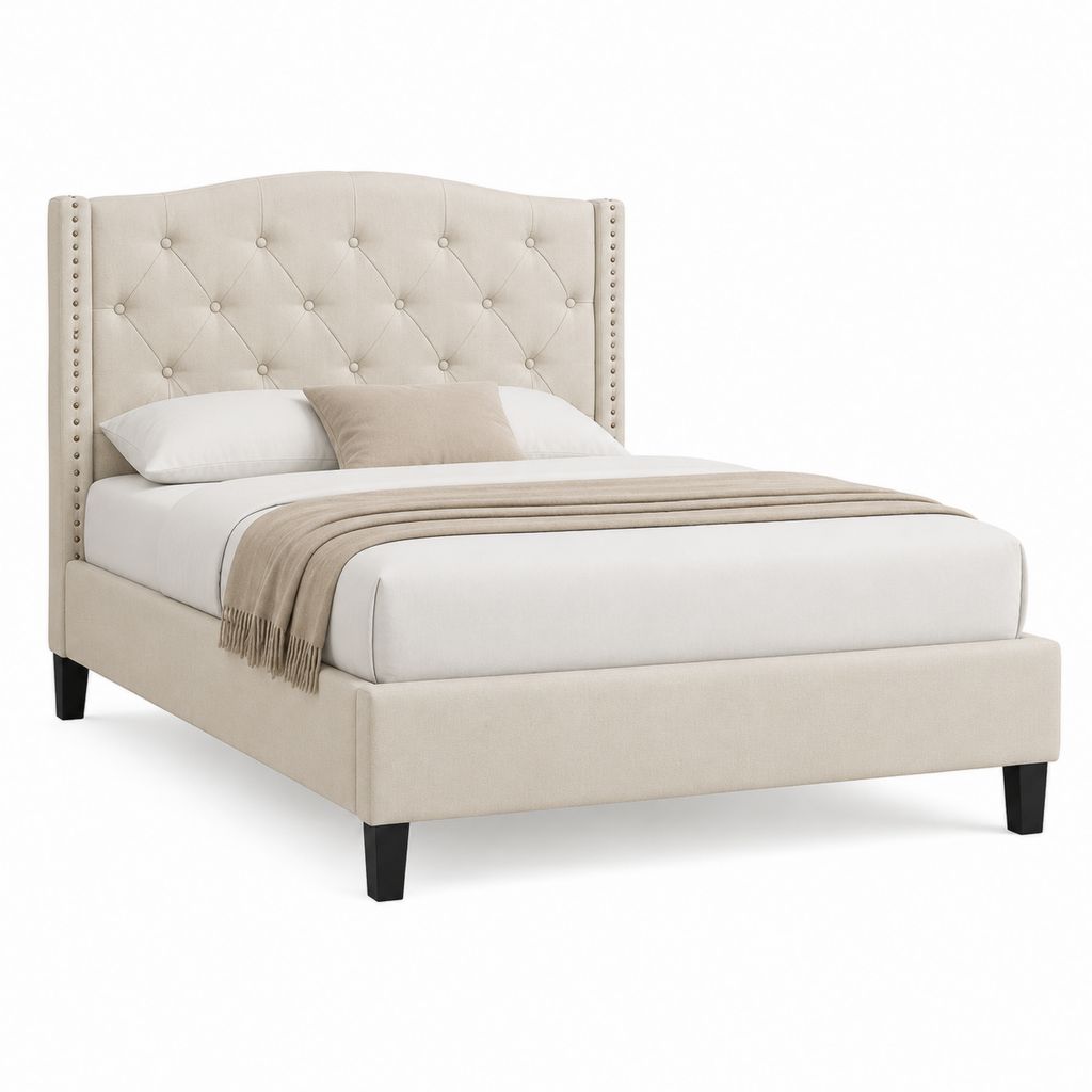Lit capitonné beige en polyester 160 x 200 cm avec tête de lit haute