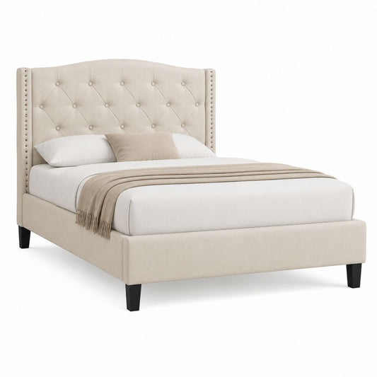 Lit capitonné beige en polyester 160 x 200 cm avec tête de lit haute