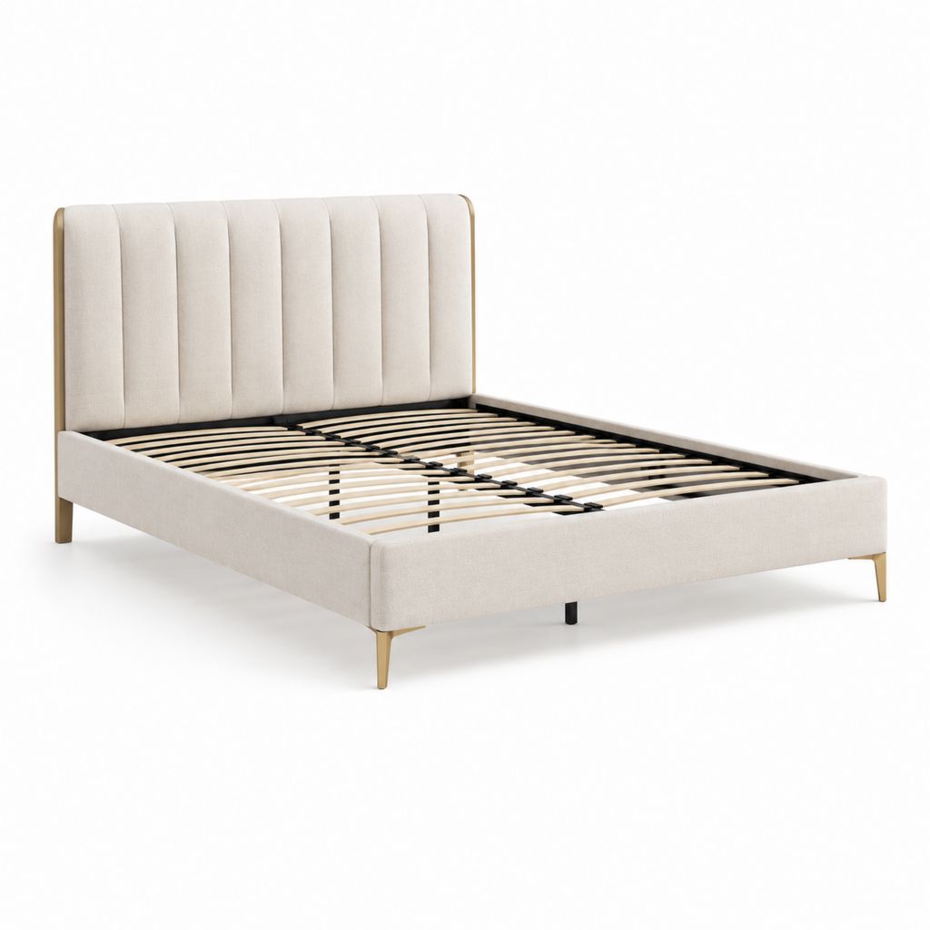 Lit double avec cadre de lit beige en polyester et sommier à lattes 160 x 200 cm
