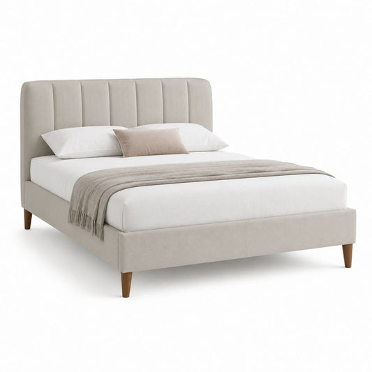 Lit double 160 x 200 cm beige en polyester avec tête de lit capitonnée