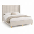 Lit double 160 x 200 cm beige en polyester avec tête de lit capitonnée