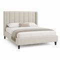 Lit double 160 x 200 cm beige en polyester avec tête de lit capitonnée verticale