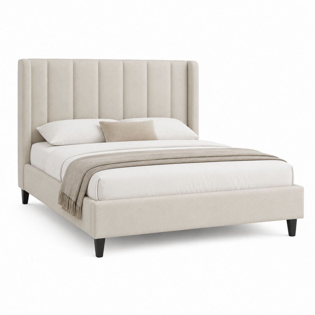 Lit double 160 x 200 cm beige en polyester avec tête de lit capitonnée verticale