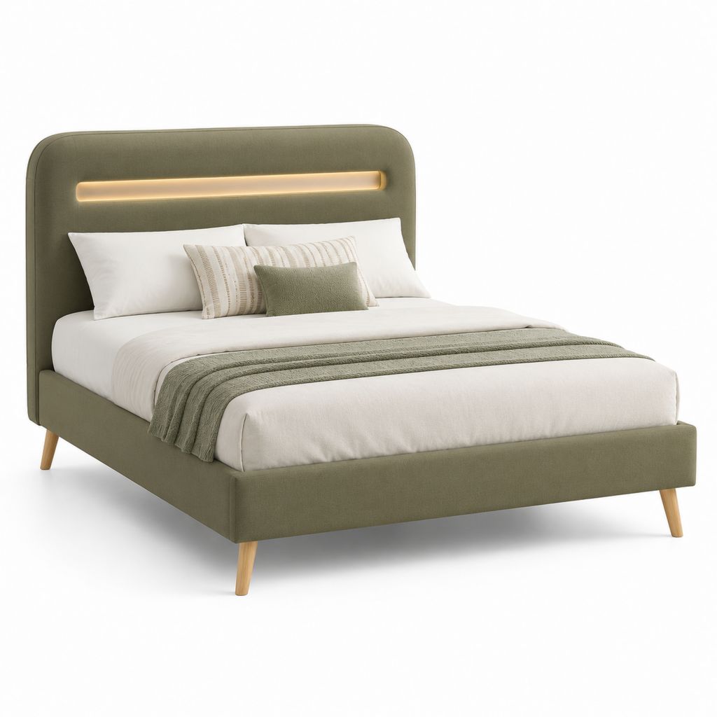 Lit double avec cadre vert olive en polyester et tête de lit LED 160 x 200 cm 175 x 215 x 115 cm
