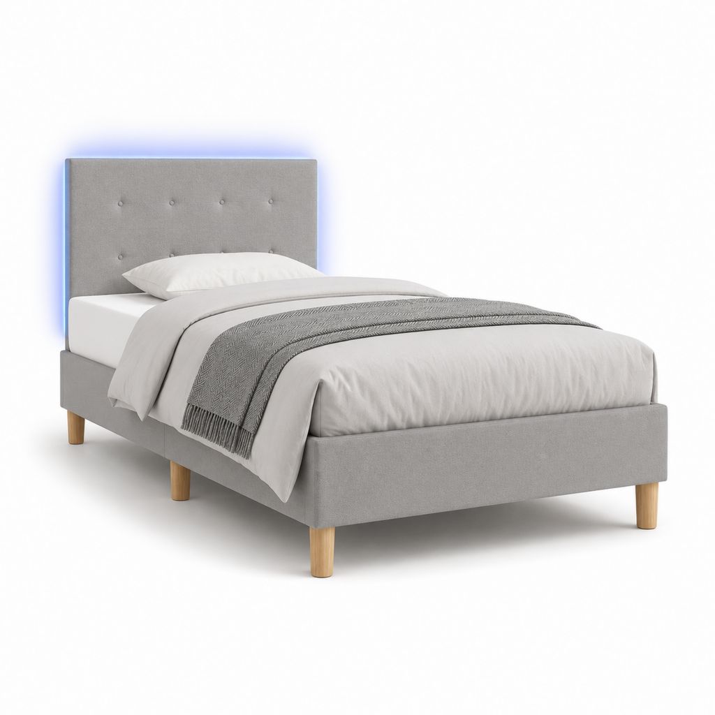Cadre de lit double gris en polyester avec tête de lit capitonnée 140 x 190 cm