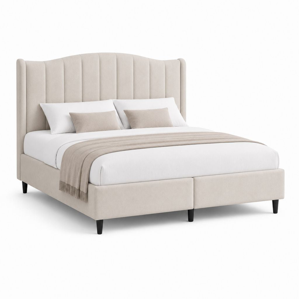 Lit double capitonné beige en velours de polyester rectangulaire 160 x 200 cm