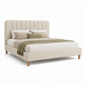 Lit double 160 x 200 cm beige en polyester avec tête de lit capitonnée