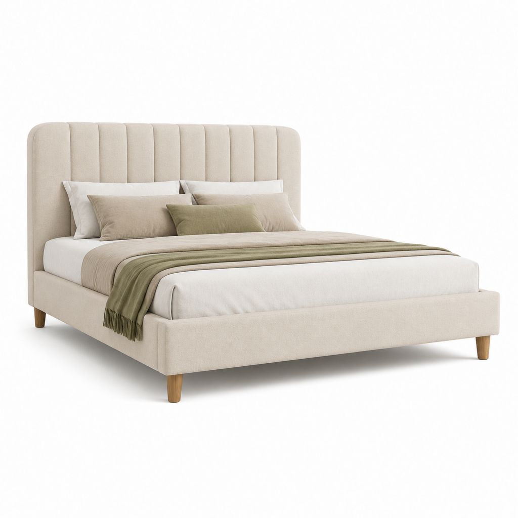 Lit double 160 x 200 cm beige en polyester avec tête de lit capitonnée
