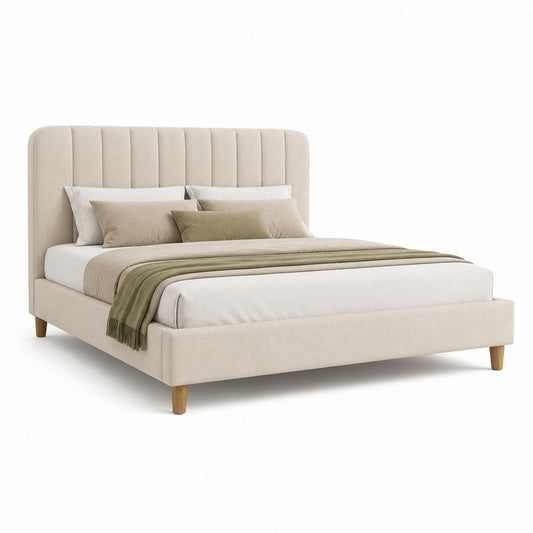 Lit double 160 x 200 cm beige en polyester avec tête de lit capitonnée
