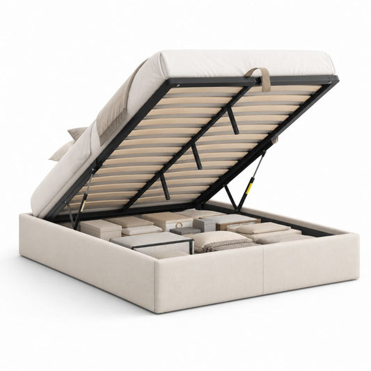 Lit coffre relevable 160 x 200 cm beige en polyester avec sommier à lattes