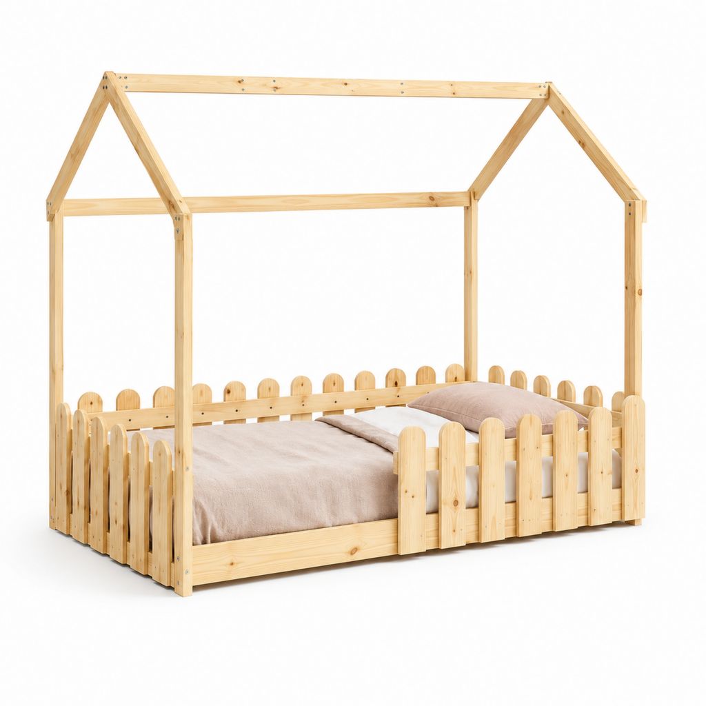Lit enfant cabane avec barrières en pin massif naturel 90 x 190 cm