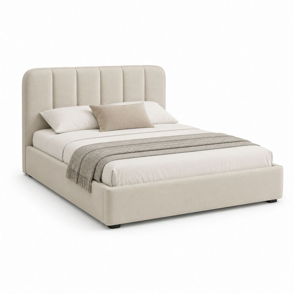 Lit double capitonné beige en polyester avec sommier à lattes 160 x 200 cm