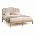 Lit double 160 x 200 cm beige et chêne massif avec tête de lit capitonnée