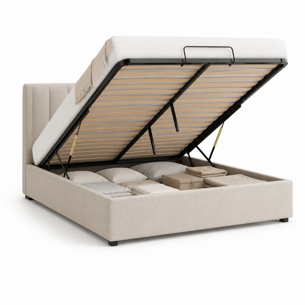 Lit coffre double avec tête de lit beige en polyester 160 x 200 cm