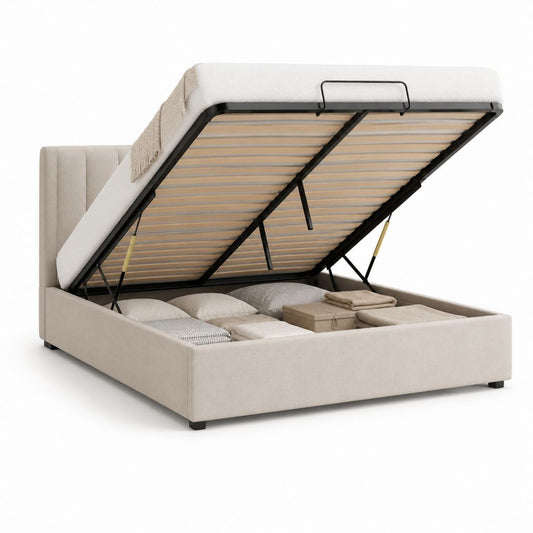 Lit coffre double avec tête de lit beige en polyester 160 x 200 cm