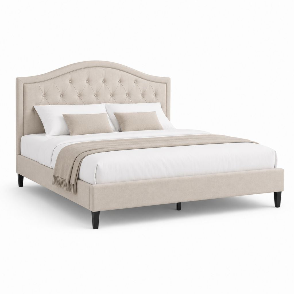 Lit double capitonné beige en polyester avec cadre 160 x 200 cm