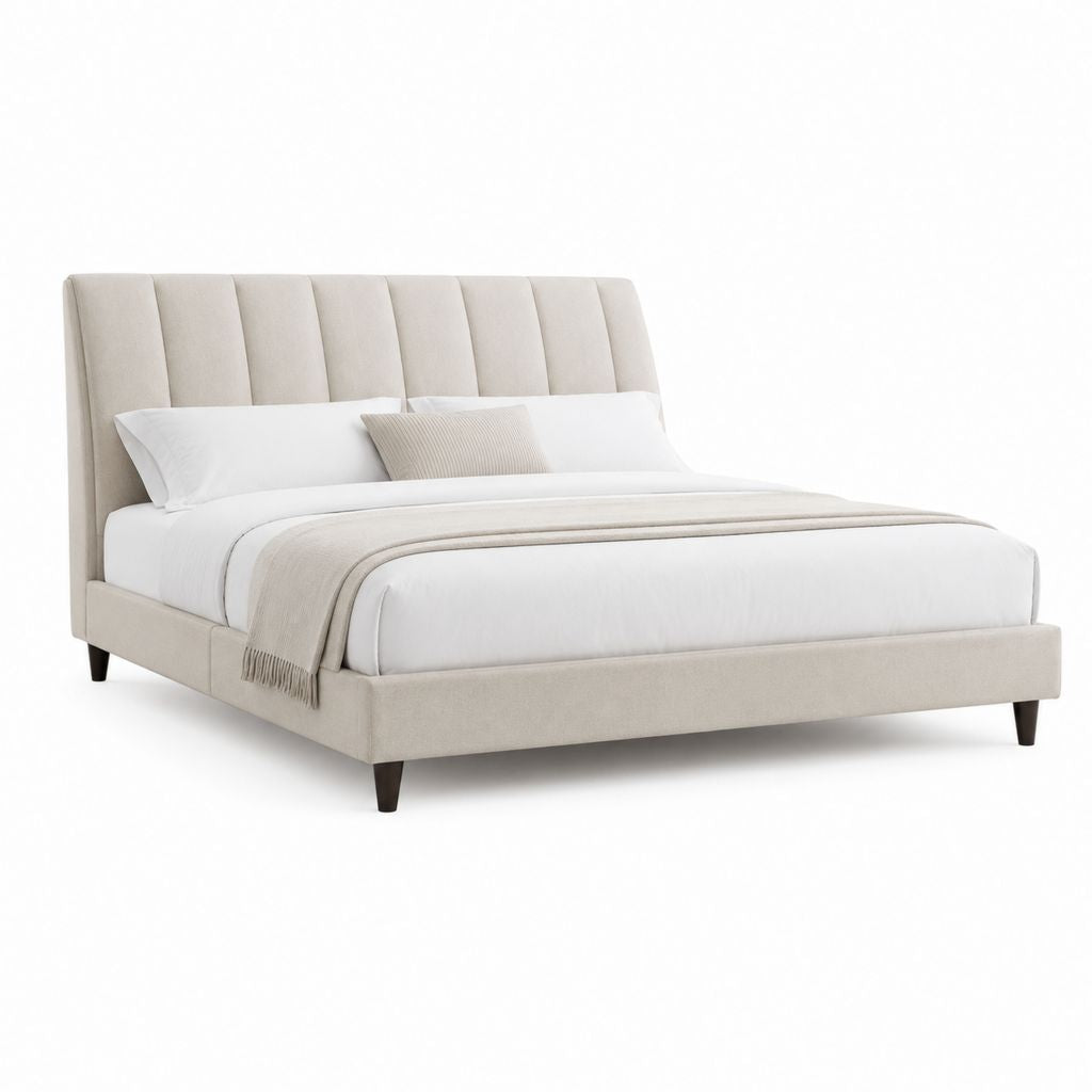 Lit double avec tête de lit beige en polyester rectangulaire 160 x 200 cm