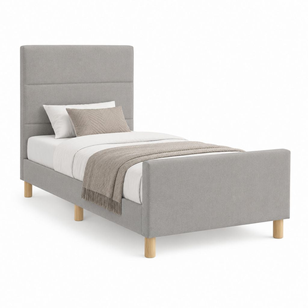 Lit simple capitonné gris en polyester avec sommier à lattes 90 x 190 cm