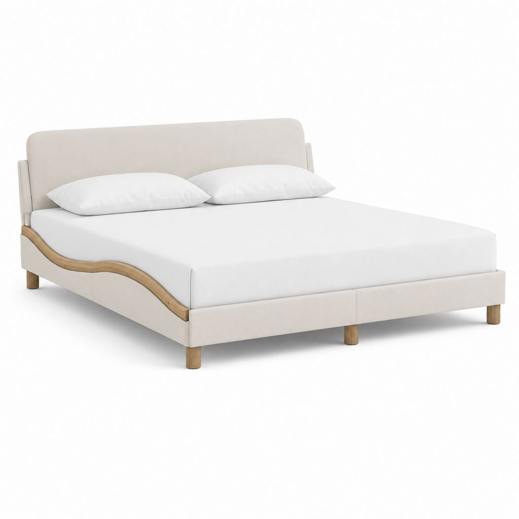 Cadre de lit double 160 x 200 cm beige en polyester et bois massif avec tête de lit rembourrée