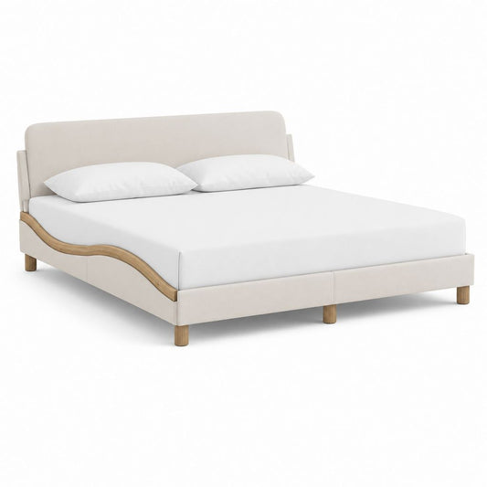 Cadre de lit double 160 x 200 cm beige en polyester et bois massif avec tête de lit rembourrée