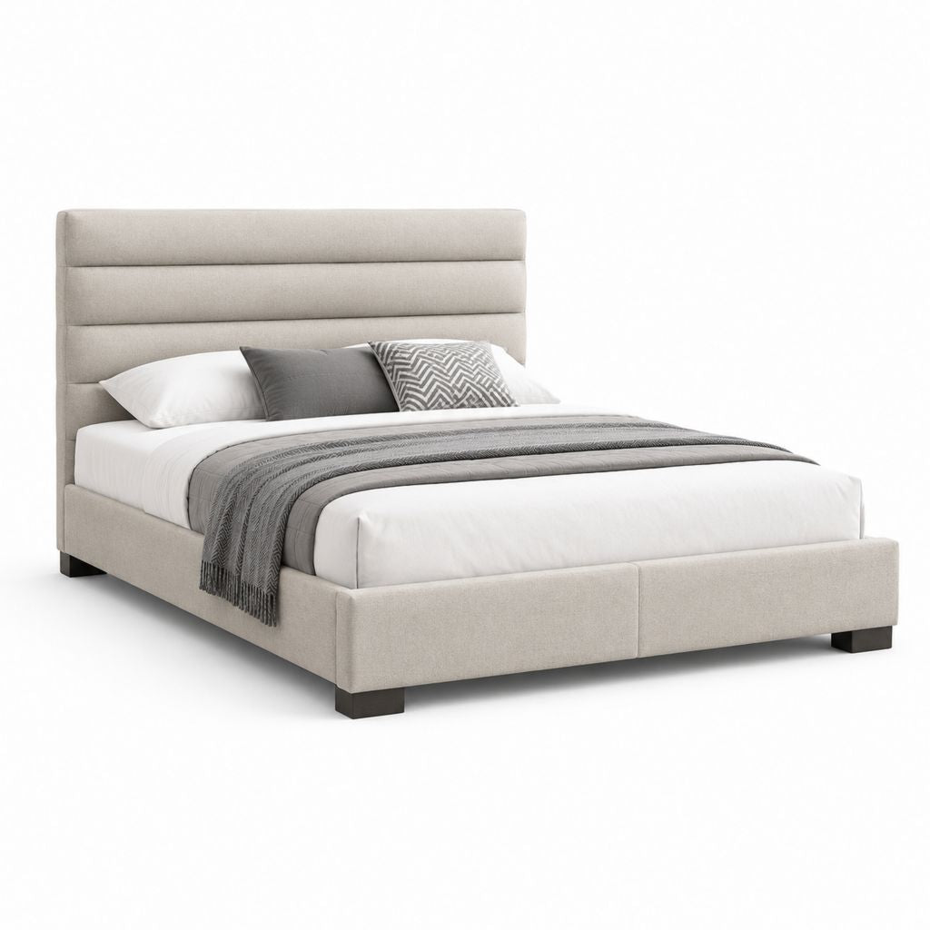 Lit double capitonné beige en polyester avec sommier à lattes 160 x 200 cm