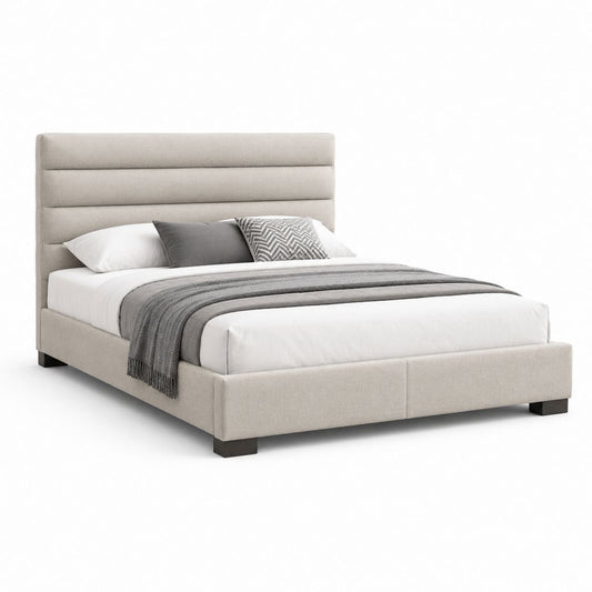 Lit double capitonné beige en polyester avec sommier à lattes 160 x 200 cm