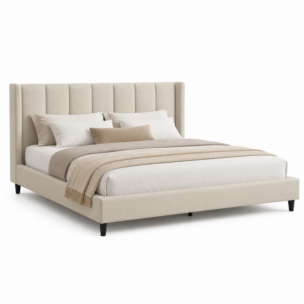 Lit double 160 x 200 cm beige en polyester avec tête de lit capitonnée