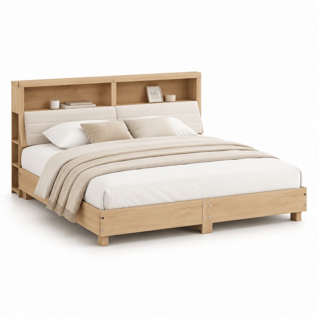 Lit double rectangulaire 160 x 200 cm en MDF décor chêne clair avec tête de lit de rangement beige