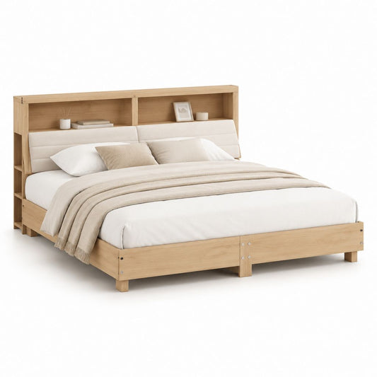 Lit double rectangulaire 160 x 200 cm en MDF décor chêne clair avec tête de lit de rangement beige